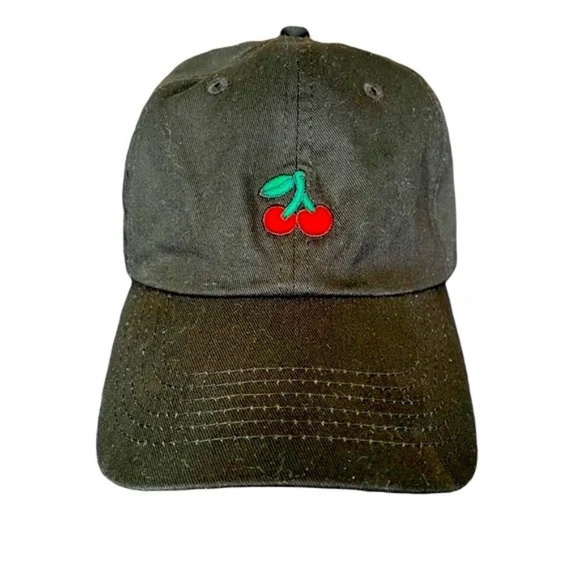 Black Strapback Dad Hat With Embroidered Cherries - Picture 1 of 6